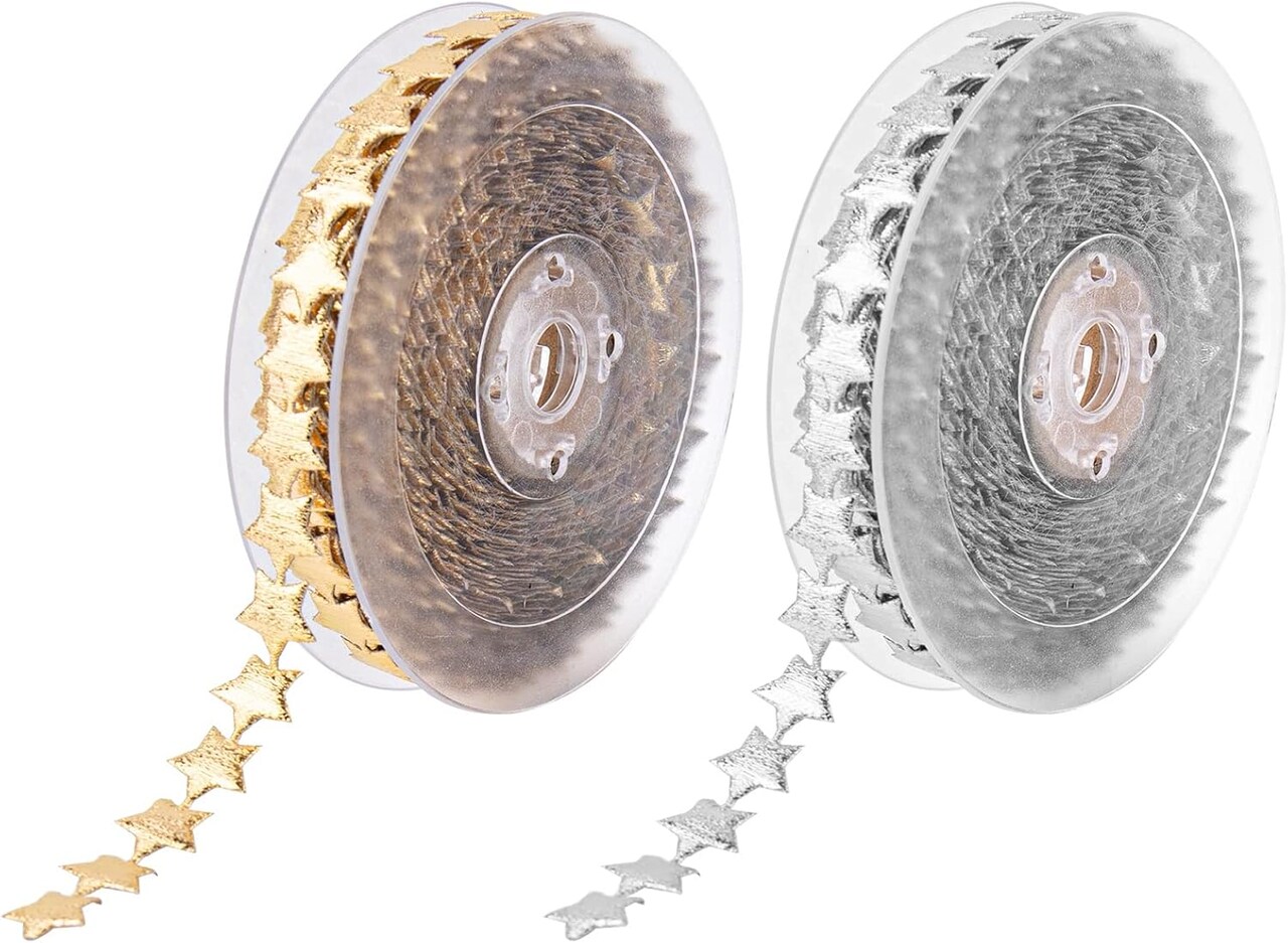 2 Rolls Silver Gold Star Theme Ribbon Lace Trims Glitter Polyester 15mm Trim Embellishment for Wedding Gift Party Christmas Decoration